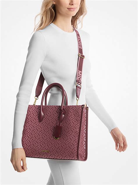 michael kors oxblood|Mirella Medium Metallic Logo Jacquard Tote Bag .